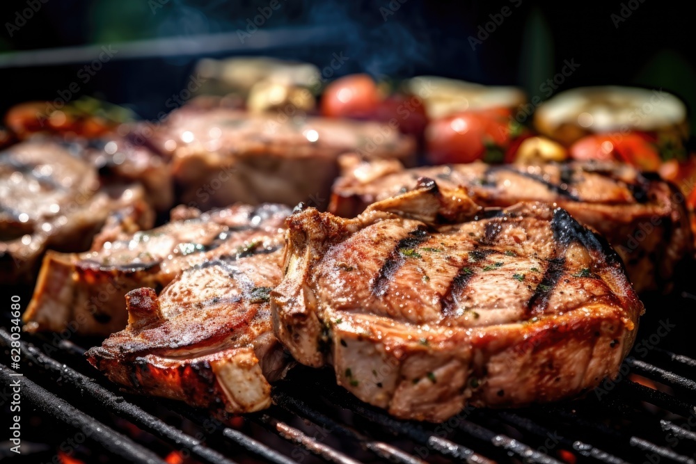 close-up of juicy pork chops on a hot bbq grill