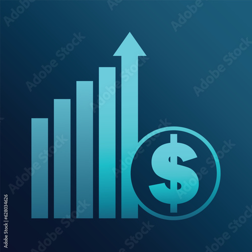 Business graph with increase money growth icon, progress marketing on blue gradient background. Vector illustration