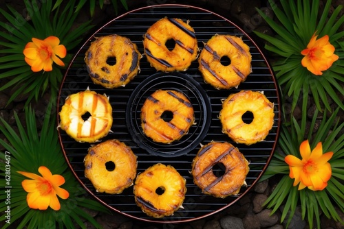 top view of pineapple rings on a barbecue grate