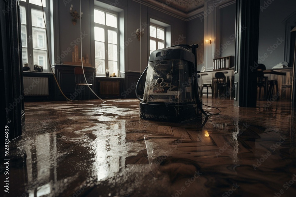 Water-damaged floor with water extraction equipment. Generative AI