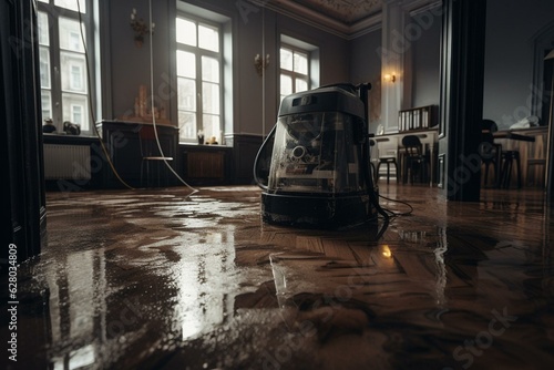 Water-damaged floor with water extraction equipment. Generative AI photo