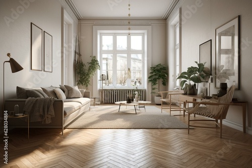 A 3D rendering of a spacious  light-filled Nordic room with wooden floors  white walls  and minimalist furnishings. Generative AI