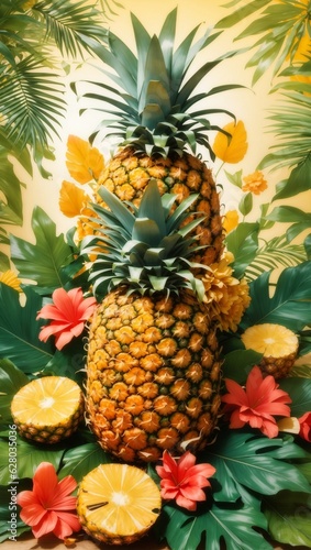 summer-inspired background featuring a bountiful harvest of pineapple  and summer foliage  no text  eye-catching design