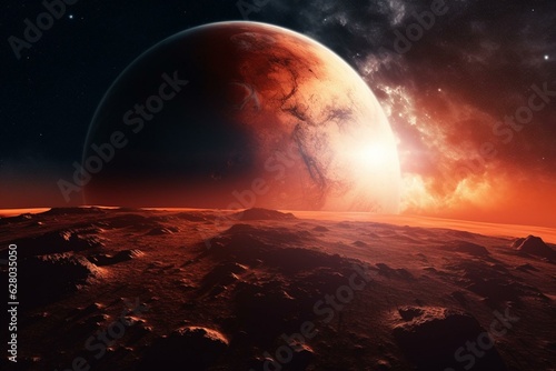 Stunning sunrise over the red planet in space. Generative AI