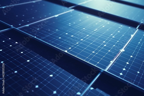 3D illustration of solar panels on blue backdrop. Generative AI