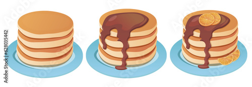 Pancakes with chocolate syrup and orange, American breakfast. Cartoon style, vector illustration