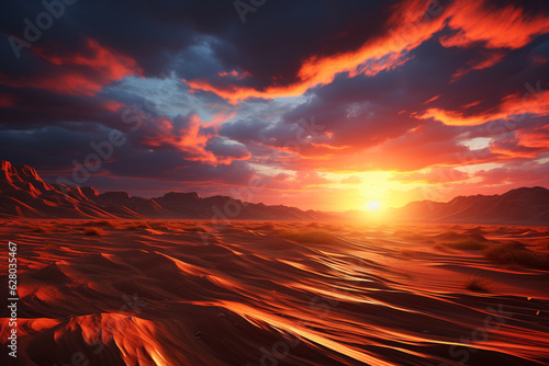 A stunning sunrise over a desert landscape, with the sun's rays illuminating the sand dunes and casting dramatic shadows. Generative AI technology.