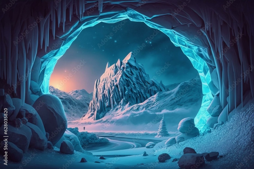 Ethereal neon winter scene with glacial relief, ice portal, and snowy landscape. Generative AI