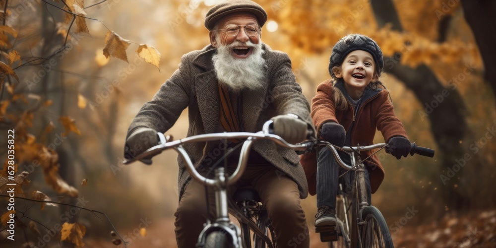 Happy Grandma, Grandpa, and Young Child Riding Bikes Together in a Park Fotos Foto Reklamo, Embracing Photobashing Style with Adventure Theme
