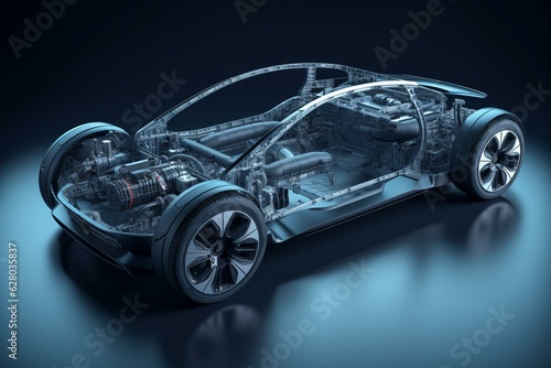 3D rendering of an electric car with a technical cutaway. Generative AI