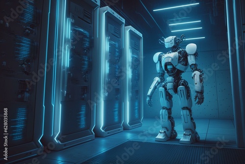 A white robot with blue glowing elements in a data center room. Generative AI