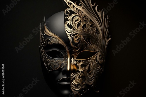 Black, gold mask on dark background. Generative AI