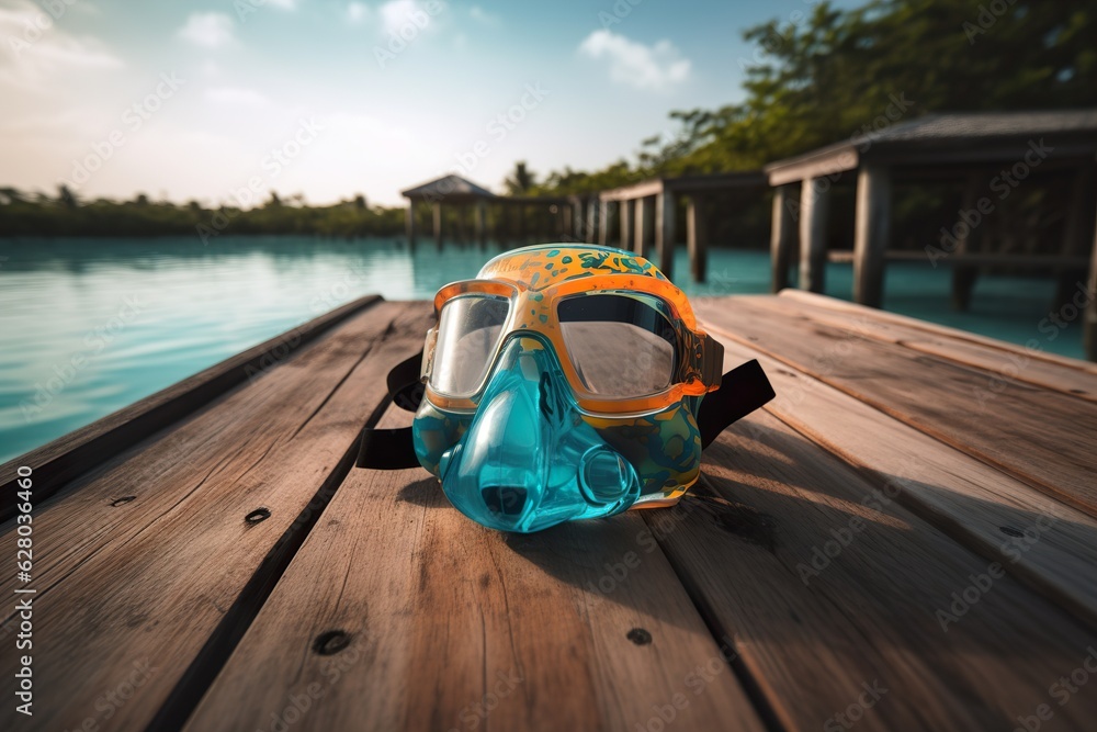 Close-up of diving goggles on a wooden surface near the ocean