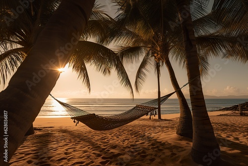 A beach hammock stretched in the middle of palm trees at sunset near the ocean © Oleksandr Kozak