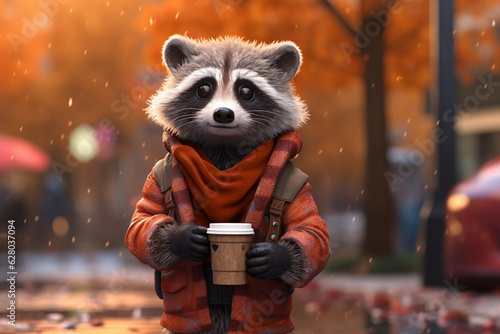 Cheerful Raccoon in Autumn Attire Enjoying Coffee to Go While Taking a Stroll - AI generated