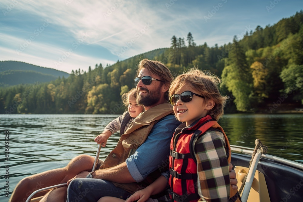 Fototapeta premium a happy family is sailing on a boat on the river in the middle of the nature