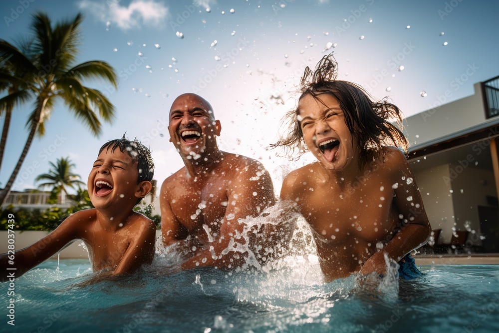Happy children and parents playing with splash pad in swimming pool in summertime Happy children and parents playing with splash pad in swimming pool in summertime