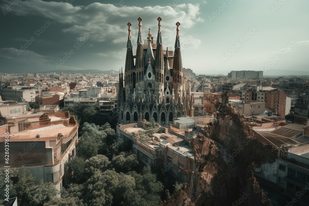 Cityscape view of Sagrada Familia. Generative AI
