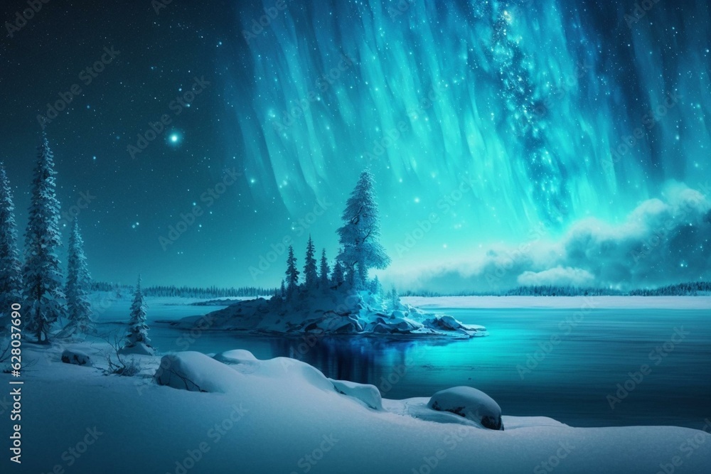 Snowy landscape illuminated by Northern Lights. Blue backdrop with room for text. Generative AI