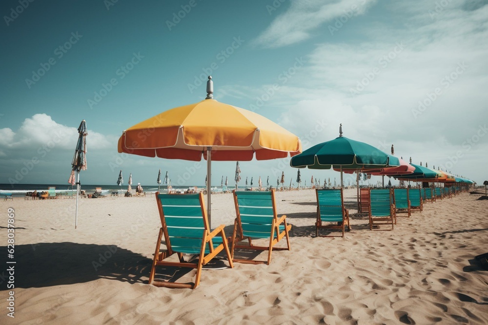 Sunny beach scene with colorful chairs and umbrella. Generative AI