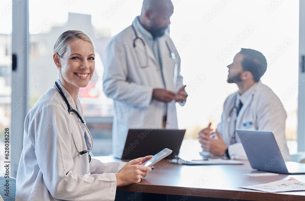 Portrait, research and hospital doctor, happy woman or surgeon team work on healthcare report, medical help or wellness. Medicine development, tablet and clinic person with online support information Portrait, research and hospital doctor, happy woman or surgeon team work on healthcare report, medical help or wellness. Medicine development, tablet and clinic person with online support information