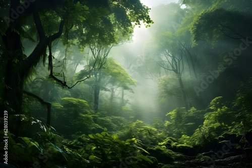 Misty morning in a lush emerald forest  an invitation to wander and wonder.