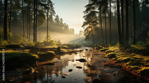 Beautiful sunny morning green forest, Wild Forest morning sunbeam, beautiful forest with the sun shining through, Sunrise inside the forest, sun rays in virgin nature, Old tree in sunrise shining