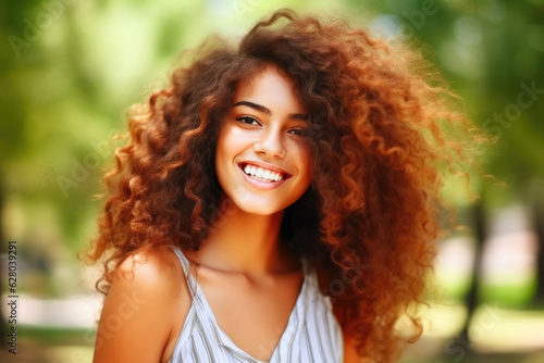 Joyful Summer Vibes: Curly-Haired Woman Beaming in the Park