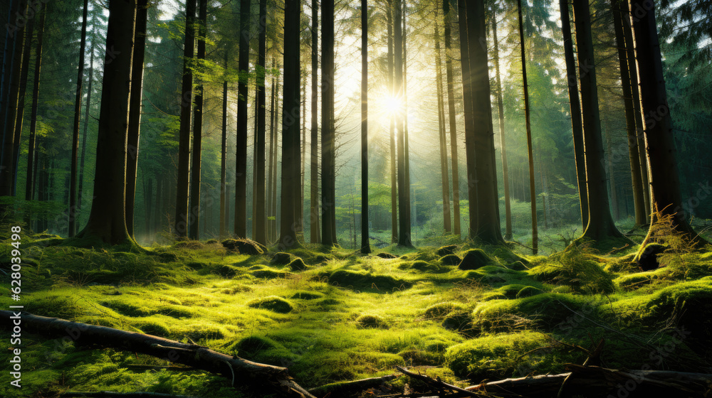 Fototapeta premium Beautiful sunny morning green forest, Wild Forest morning sunbeam, beautiful forest with the sun shining through, Sunrise inside the forest, sun rays in virgin nature, Old tree in sunrise shining