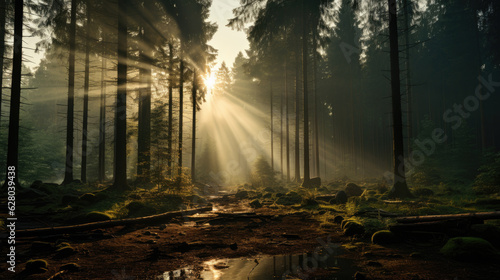 Beautiful sunny morning green forest  Wild Forest morning sunbeam  beautiful forest with the sun shining through  Sunrise inside the forest  sun rays in virgin nature  Old tree in sunrise shining