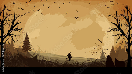 AI generated. Vector illustration. Background illustration with Halloween theme. Landscape with dead trees and a witch. creepy