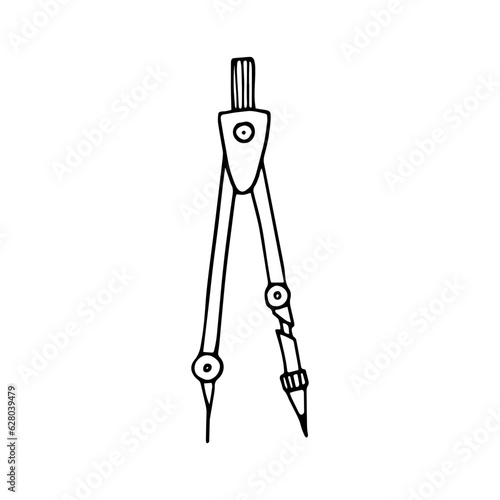 School compass isolated on a white background. Simple line drawing. Black outline drawn by hand.
