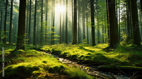 Beautiful sunny morning green forest, Wild Forest morning sunbeam, beautiful forest with the sun shining through, Sunrise inside the forest, sun rays in virgin nature, Old tree in sunrise shining