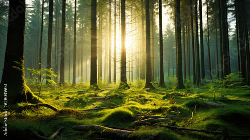 Beautiful sunny morning green forest  Wild Forest morning sunbeam  beautiful forest with the sun shining through  Sunrise inside the forest  sun rays in virgin nature  Old tree in sunrise shining