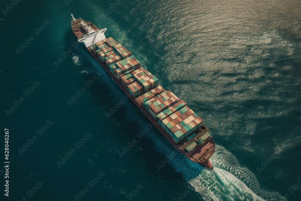 Aerial view of cargo ship with containers on global map, celebrating World Mariners Day. Generative AI