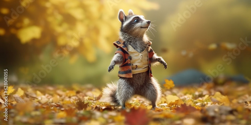 Adventurous Raccoon in Fall Attire Taking a Stroll in the Autumn Forest - AI generated
