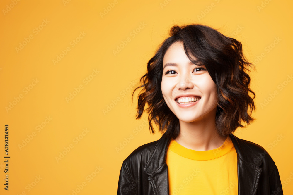 trendy fashionable young asian woman with toothy smile wearing balck leather jacket on yellow background with copy space trendy fashionable young asian woman with toothy smile wearing balck leather jacket on yellow background with copy space