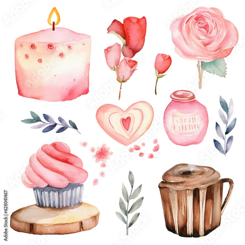 Clip art pack of watercolor bears, hearts, rose bouquets, cakes, cups and vases, romantic decorative pattern elements for wedding birthday celebration Valentine's Day © Alen