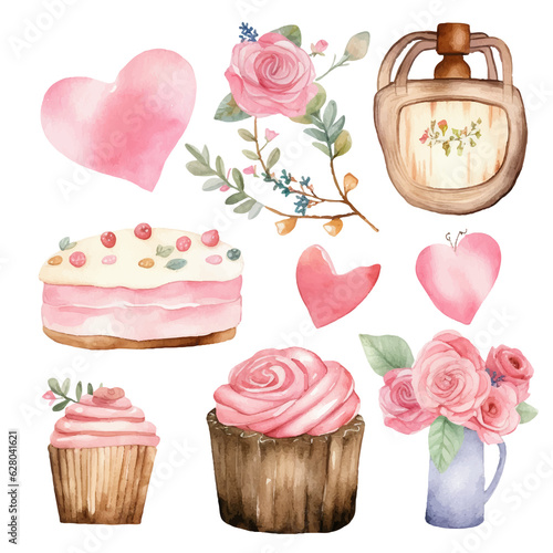 Clip art pack of watercolor bears, hearts, rose bouquets, cakes, cups and vases, romantic decorative pattern elements for wedding birthday celebration Valentine's Day © Alen