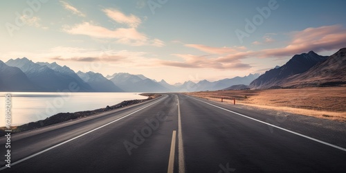 Mountain landscape. Transportation and travel and adventure concept. Serene countryside road. Highway through beautiful mountain background © Thares2020