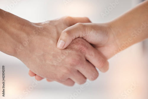 Closeup, shaking hands and people meeting for introduction, agreement and support of deal, partnership and welcome. Handshake for greeting hello, thank you and networking with trust, success and team