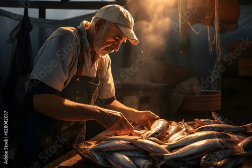A seasoned fisherman diligently cleaning and preparing freshly caught fish, illustrating the process and satisfaction of catching and preparing one's own meal