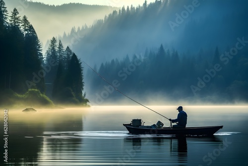 Papier peint A fisherman enjoying early morning fishing on a serene lake with mist gently ris