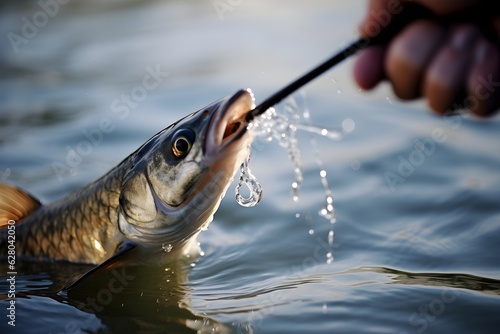 An intriguing close-up of a fish being caught in the hook, with a calm lake serving as the backdrop, illustrating the thrill and challenge of recreational fishing