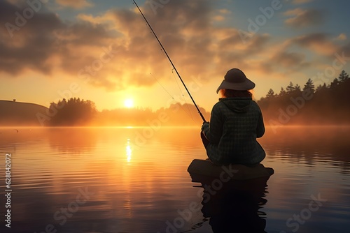 A tranquil scene of a woman engrossed in fishing on a quiet lake, bathed in the soft light of sunrise, portraying peaceful leisure activities in nature