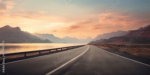 Mountain landscape. Transportation and travel and adventure concept. Serene countryside road. Highway through beautiful mountain background
