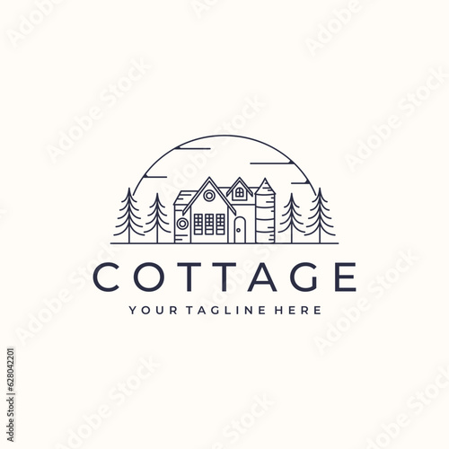 cottage landscape view line art vector minimalist logo illustration design, adventure stay cation cottage logo design