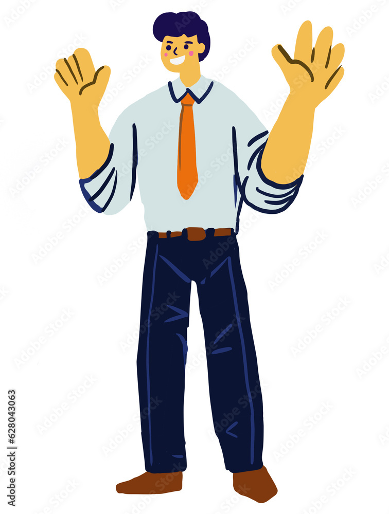 Smiling businessman standing and raises his hand in greeting. Character design Isolate on white background Smiling businessman standing and raises his hand in greeting. Character design Isolate on white background