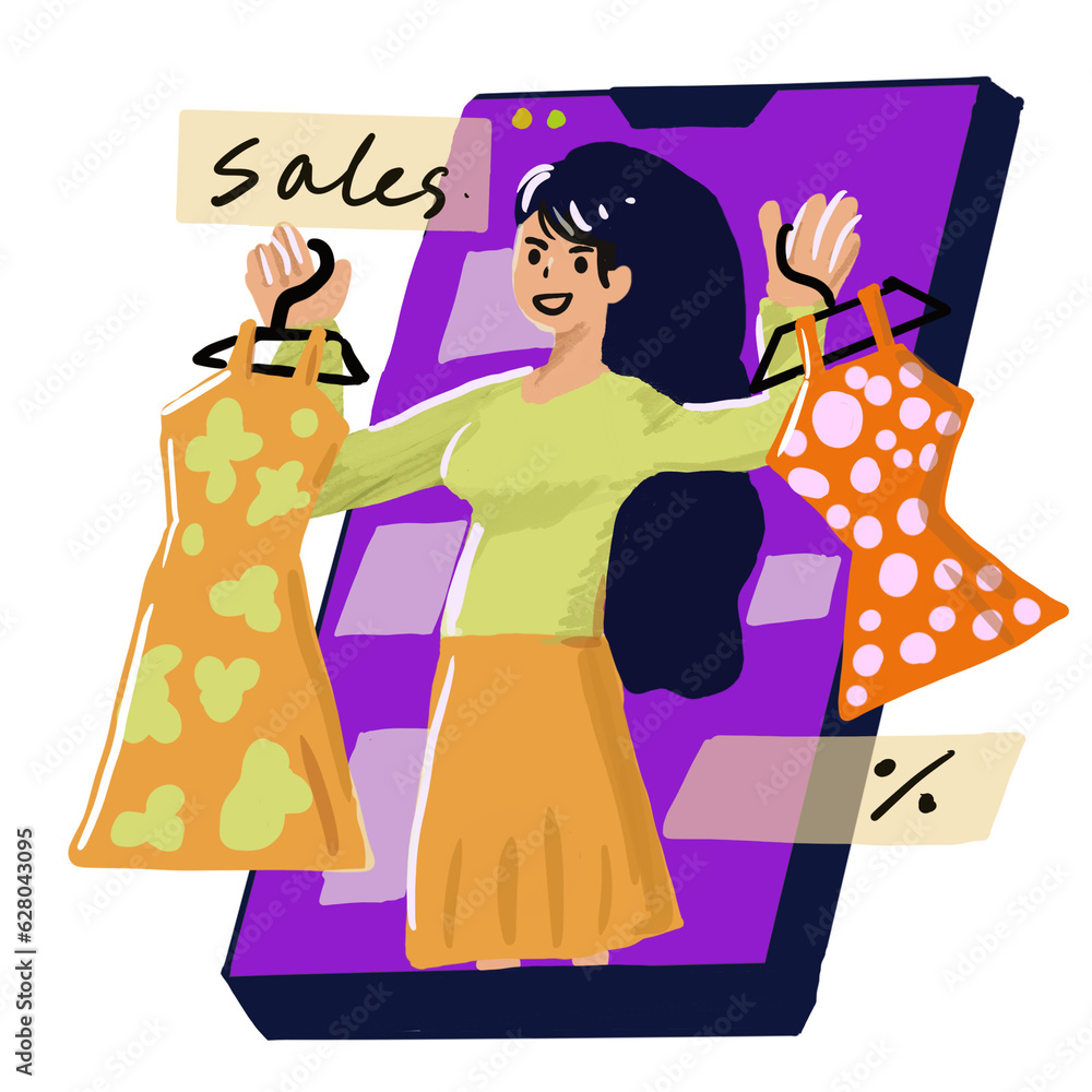 Woman sell fashion clothes on smartphone. Technology and e-commerce concept. Illustration Isolate on white background Woman sell fashion clothes on smartphone. Technology and e-commerce concept. Illustration Isolate on white background