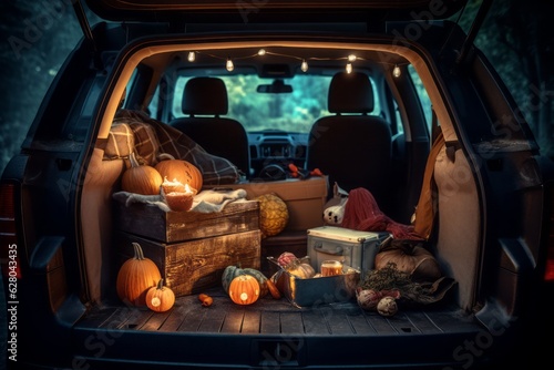 Spooky Halloween Car Trunk: Open Trunk Full of Halloween Items, Illuminated by Spooky Lights on a Haunted Street. Focus Stacking for Eerie Details photo